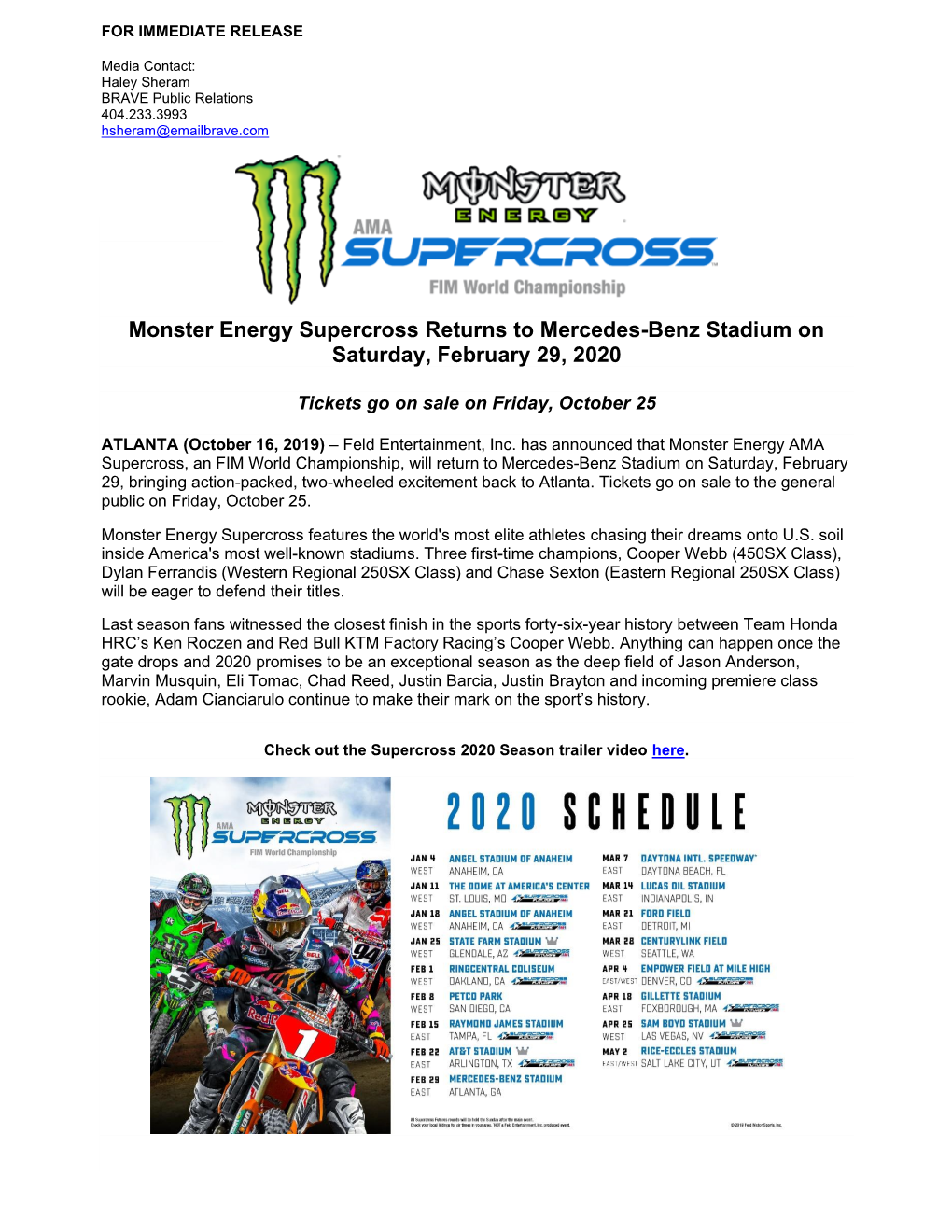 Monster Energy Supercross Returns to Mercedes-Benz Stadium on Saturday, February 29, 2020