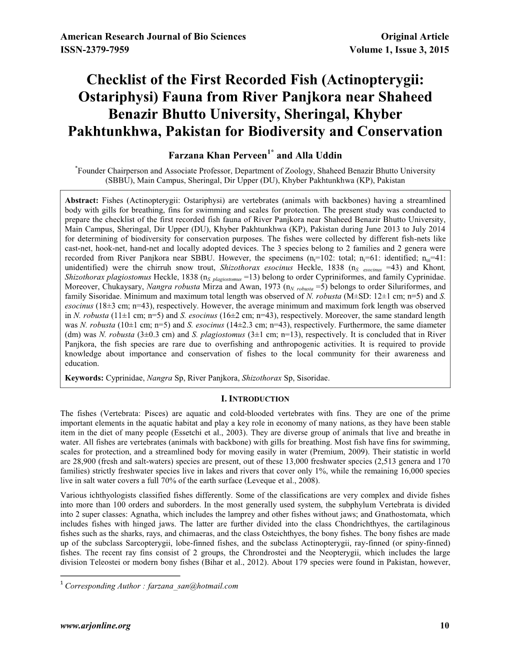 Checklist of the First Recorded Fish (Actinopterygii: Ostariphysi) Fauna