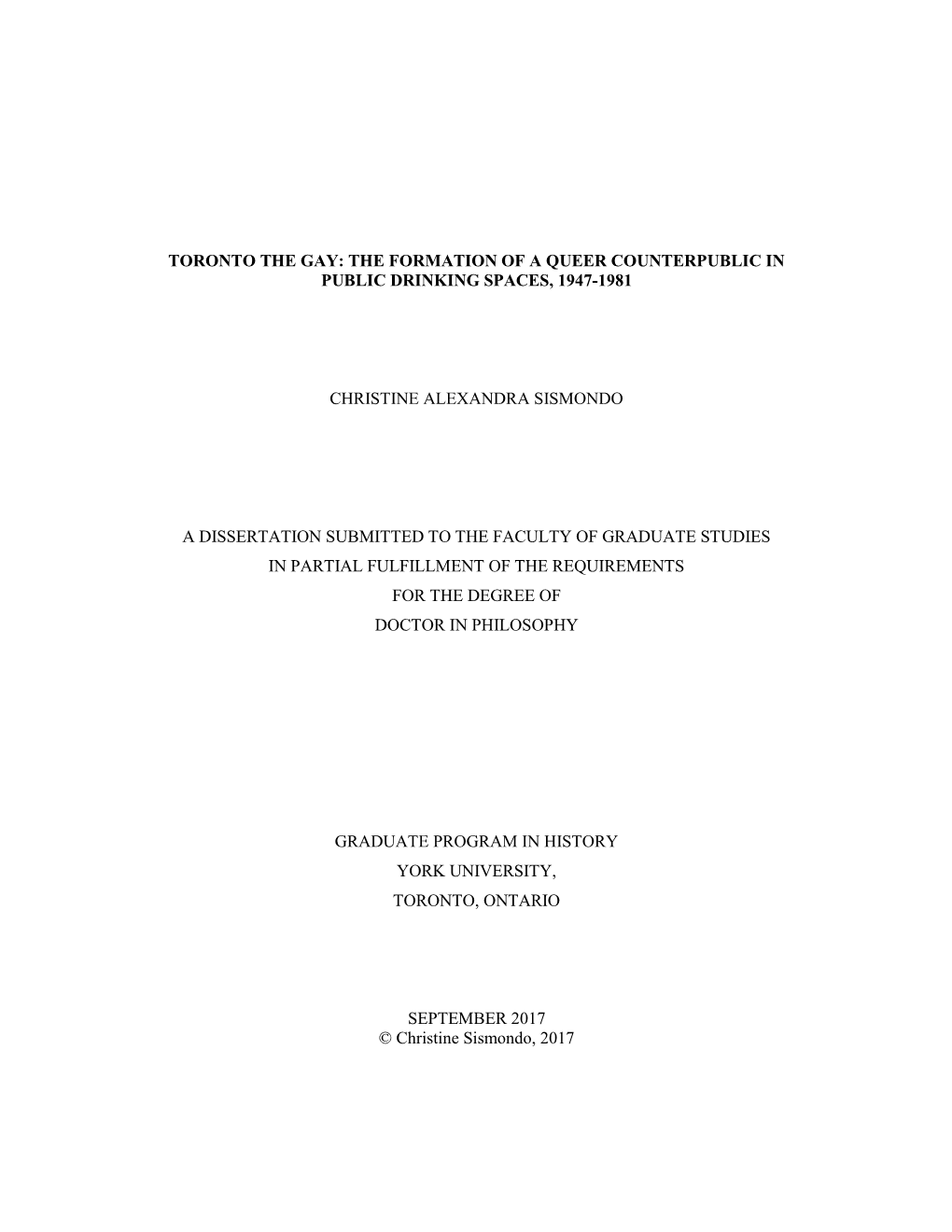 Toronto the Gay: the Formation of a Queer Counterpublic in Public Drinking Spaces, 1947-1981