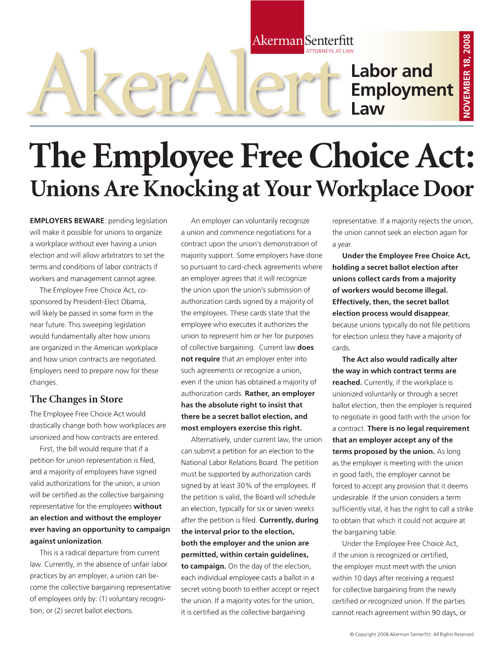 The Employee Free Choice Act: Unions Are Knocking at Your Workplace Door