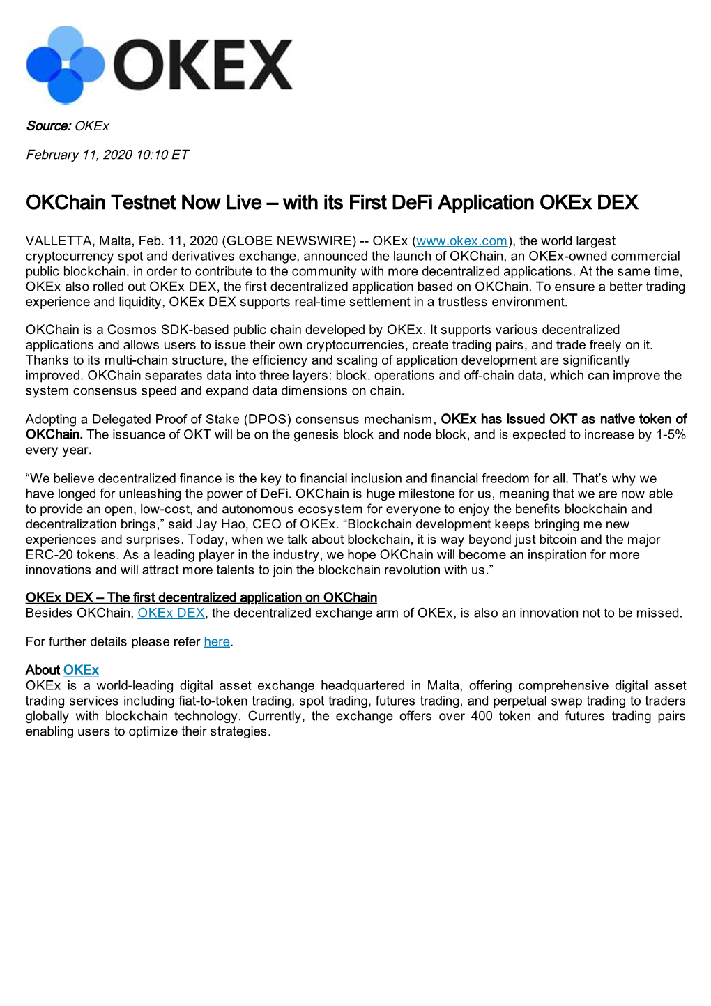 Okchain Testnet Now Live – with Its First Defi Application Okex DEX