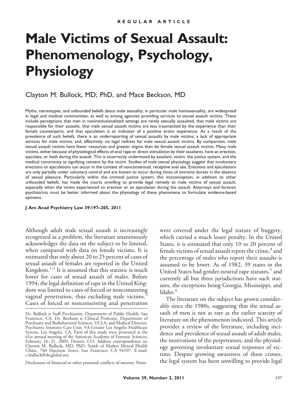 Male Victims of Sexual Assault: Phenomenology, Psychology, Physiology