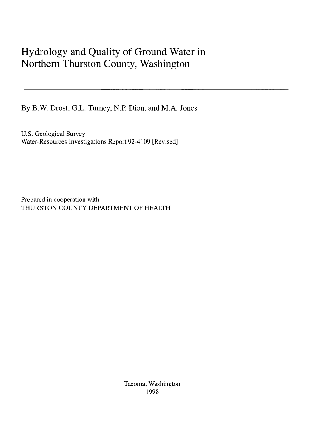 Hydrology and Quality of Ground Water in Northern Thurston County, Washington