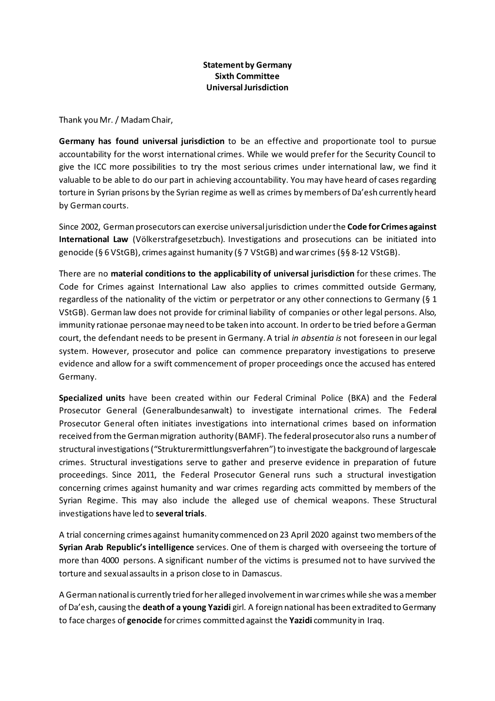 Germany Statement -- Universal Jurisdiction -- Sixth Committee