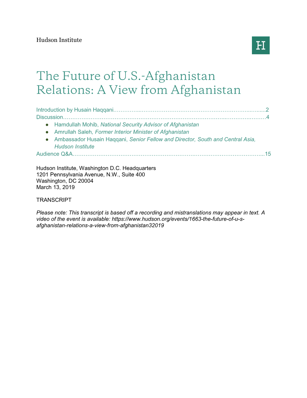 The Future of U.S.-Afghanistan Relations: a View from Afghanistan