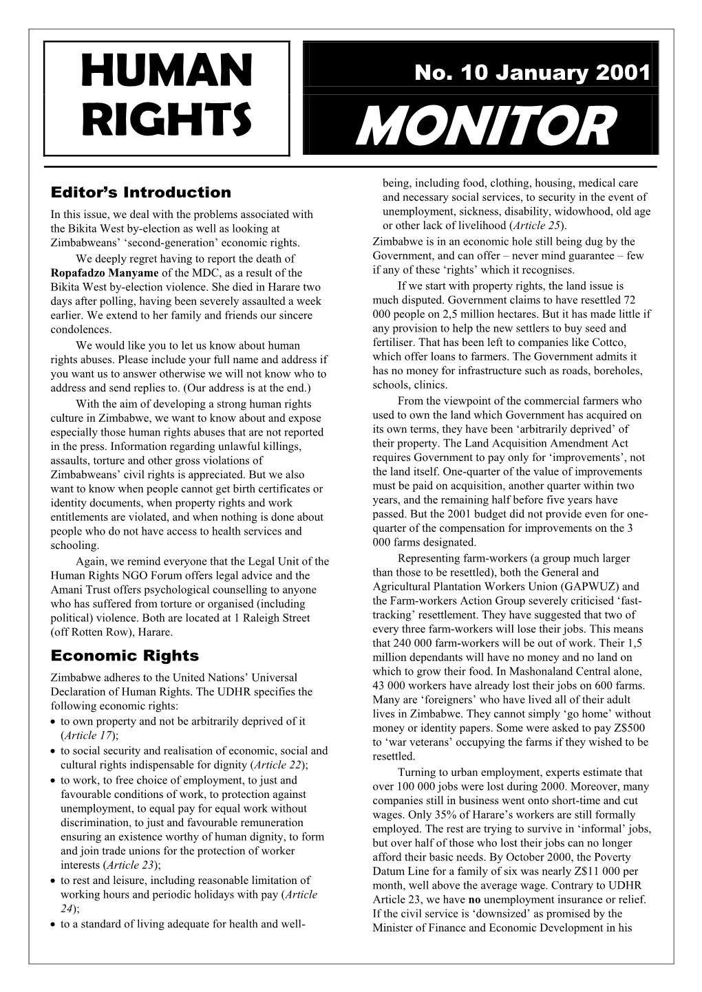 No. 10 January 2001 RIGHTS MONITOR