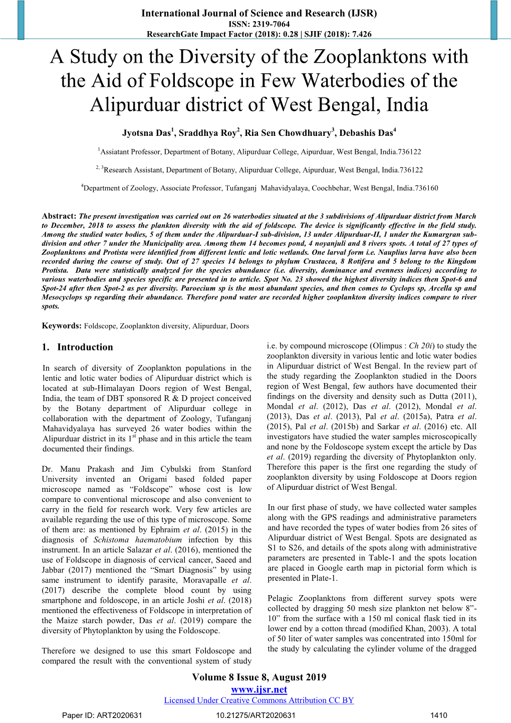 A Study on the Diversity of the Zooplanktons with the Aid of Foldscope in Few Waterbodies of the Alipurduar District of West Bengal, India