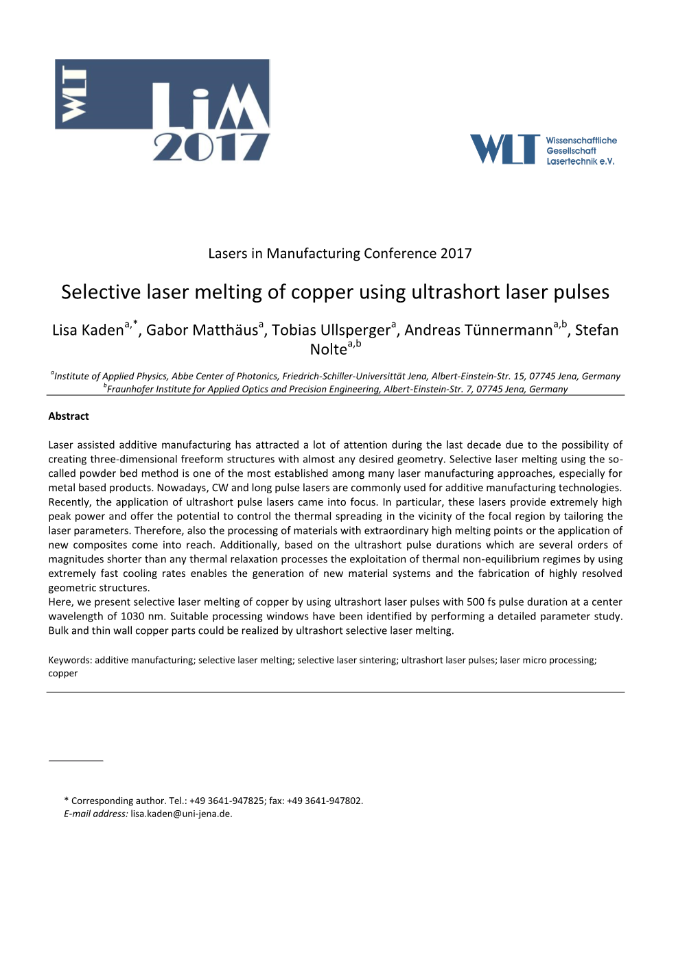 Selective Laser Melting of Copper Using Ultrashort Laser Pulses