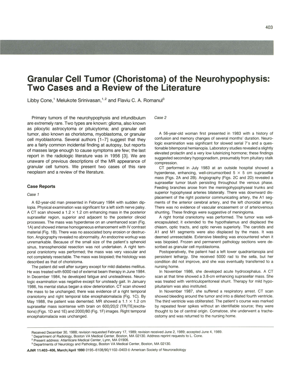 Granular Cell Tumor (Choristoma) of the Neurohypophysis: Two Cases and a Review of the Literature