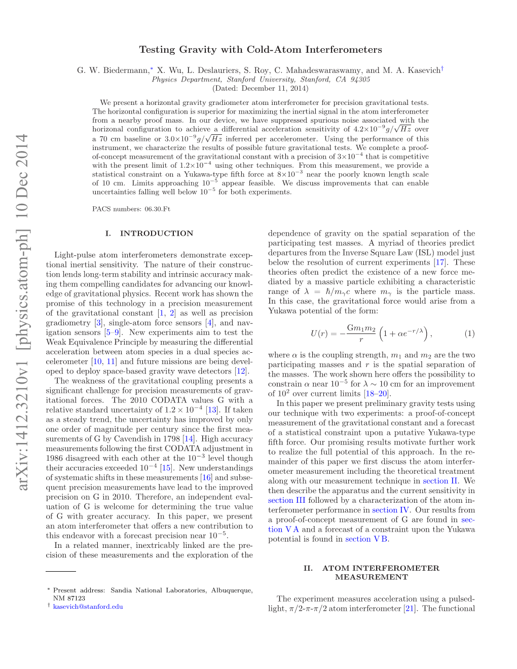 Arxiv:1412.3210V1 [Physics.Atom-Ph] 10 Dec 2014 Ttoa Ocs H 00CDT Ausgwt a with G Values CODATA 1 of 2010 Uncertainty Standard the Relative Grav- Forces