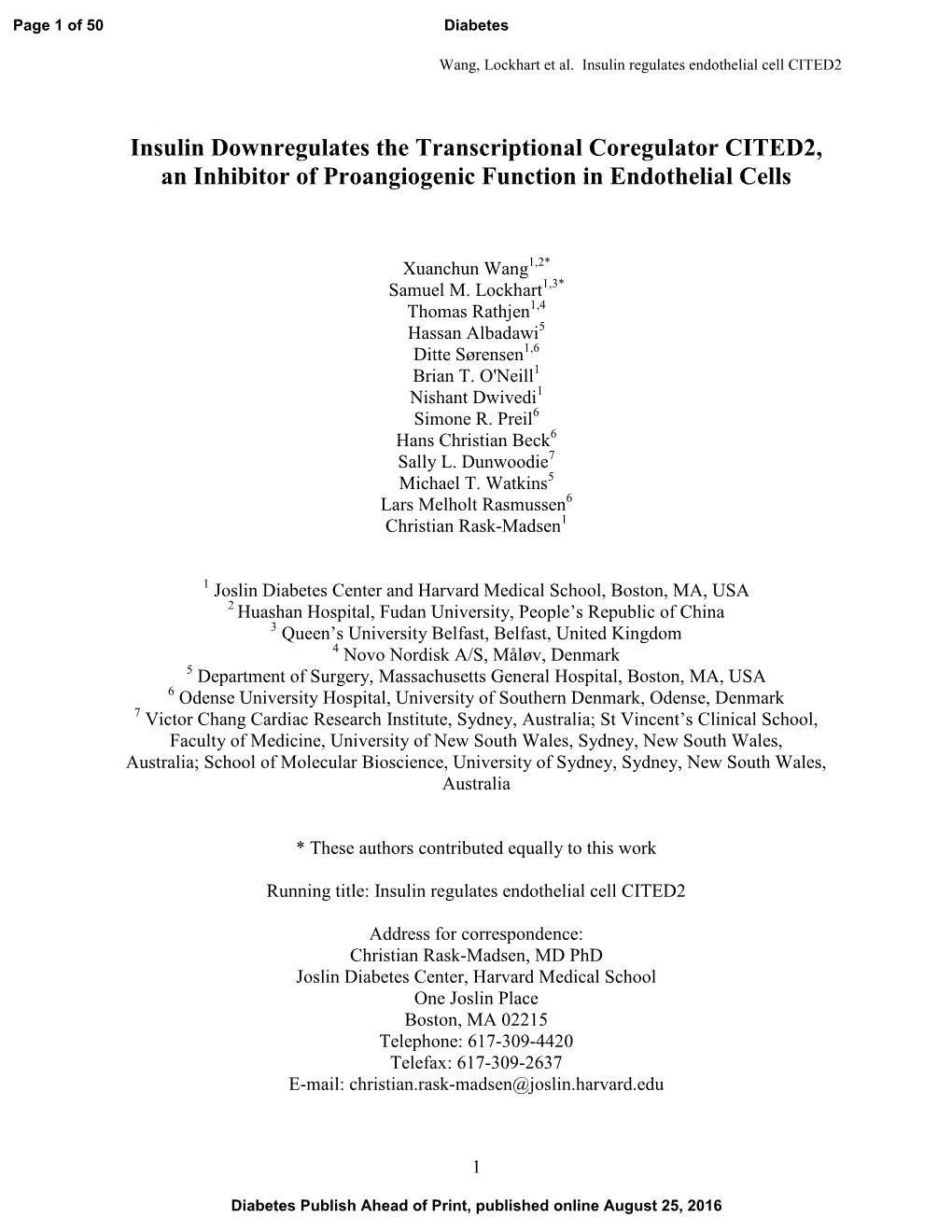 Insulin Downregulates the Transcriptional Coregulator CITED2, an Inhibitor of Proangiogenic Function in Endothelial Cells