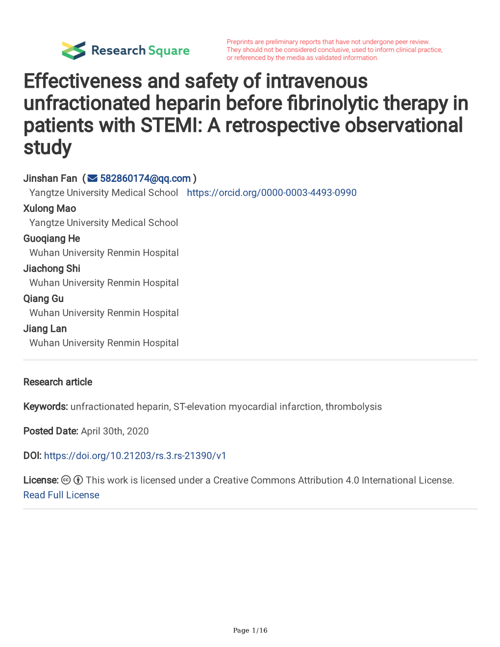 Effectiveness and Safety of Intravenous Unfractionated Heparin Before Fbrinolytic Therapy in Patients with STEMI: a Retrospective Observational Study