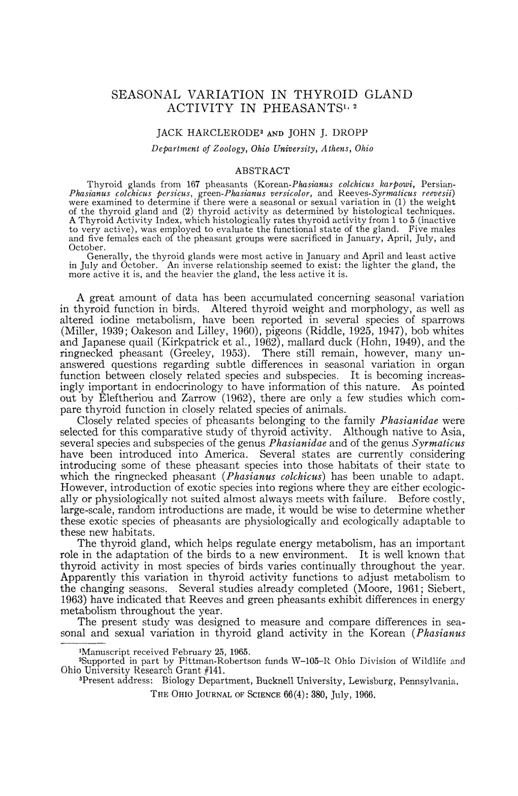 Seasonal Variation in Thyroid Gland Activity in Pheasants1-2