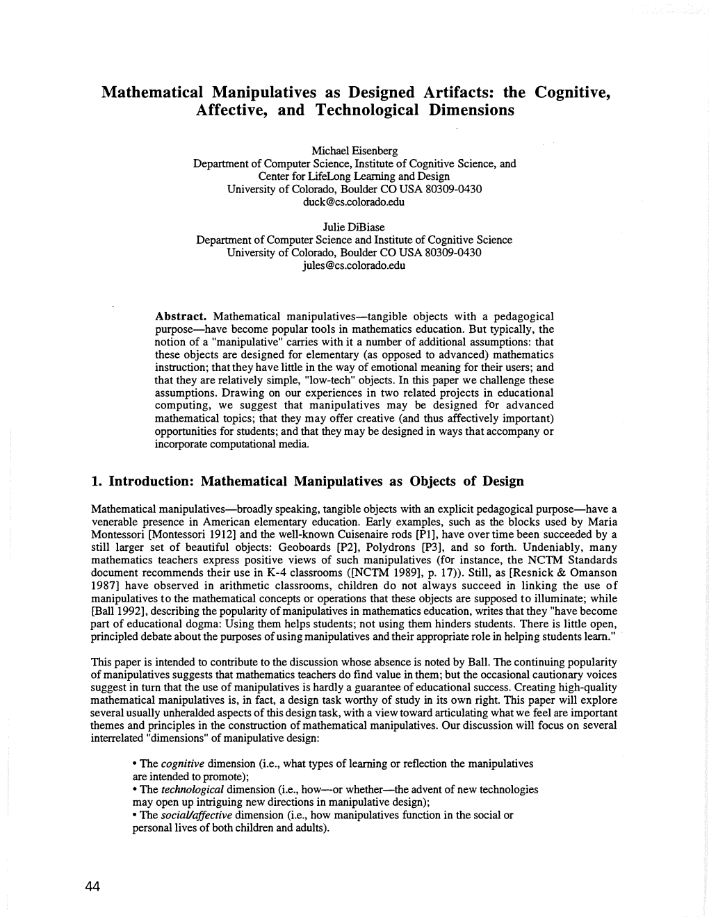 Mathematical Manipulatives As Designed Artifacts: the Cognitive, Affective, and Technological Dimensions