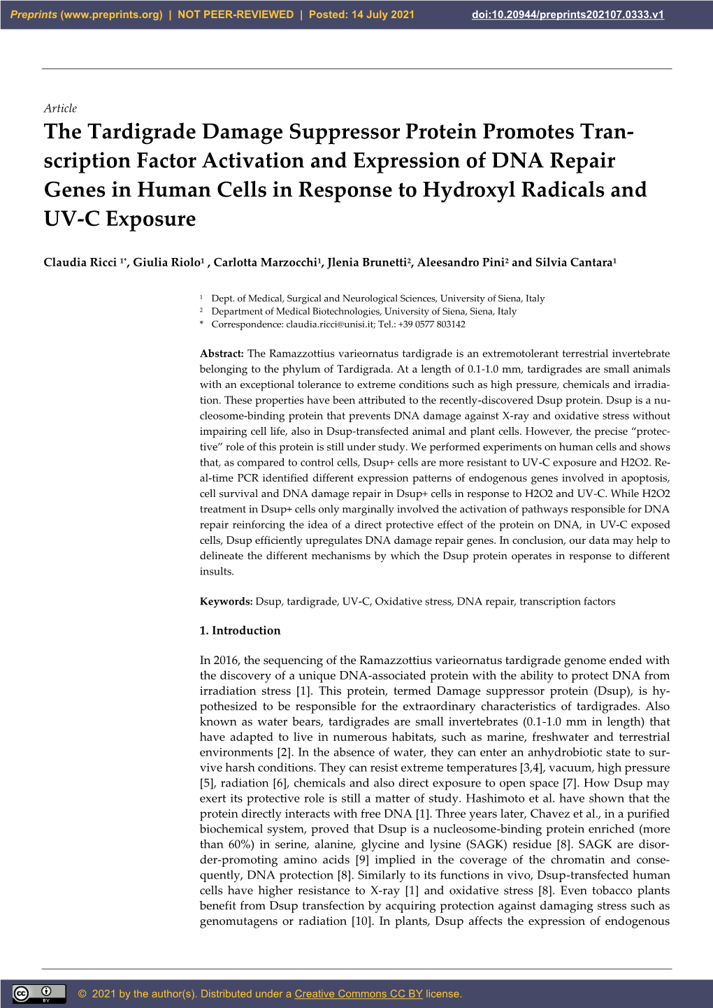 The Tardigrade Damage Suppressor Protein Promotes Tran- Scription Factor Activation and Expression of DNA Repair Genes in Human