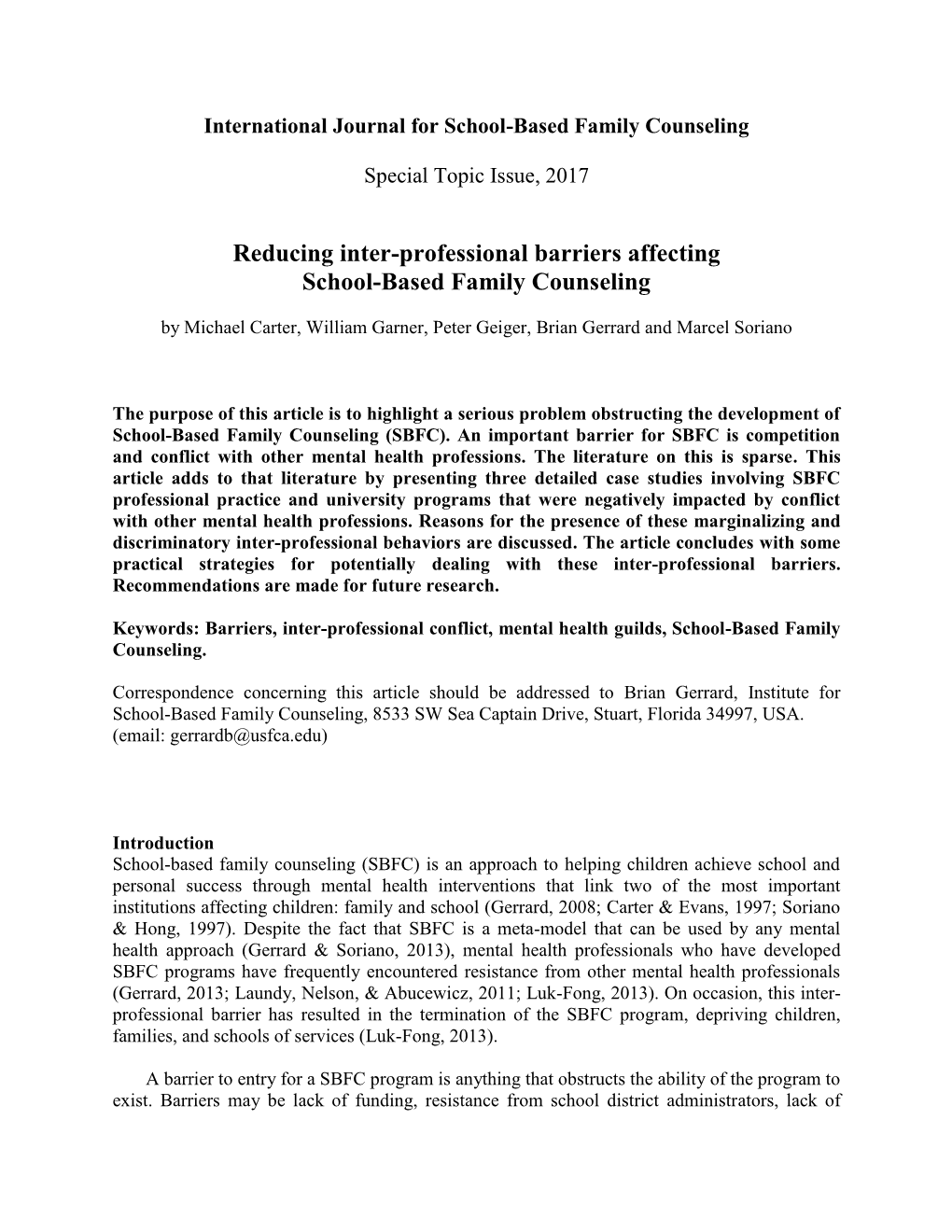 Reducing Inter-Professional Barriers Affecting School-Based Family Counseling