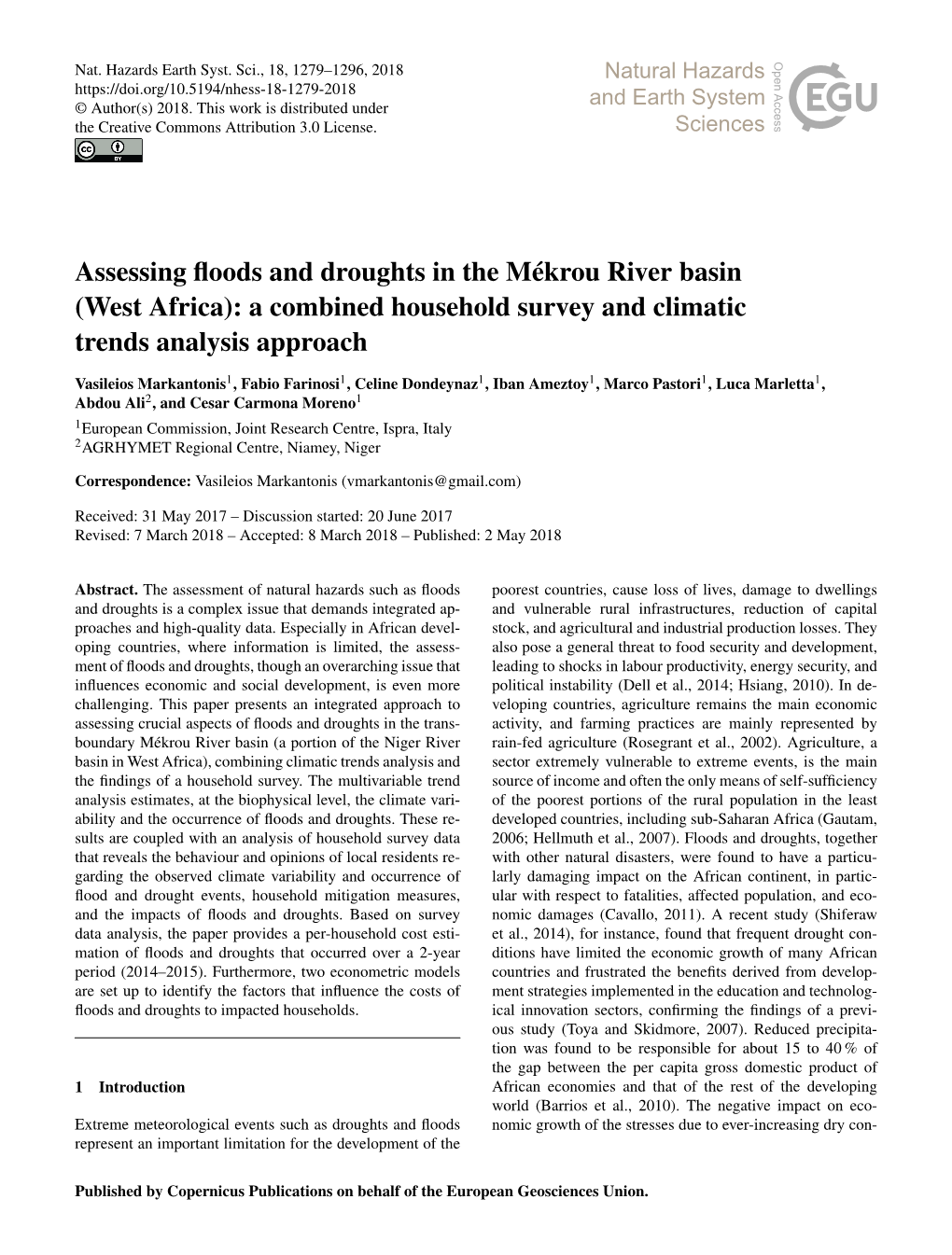 Article Is Available the Impacts of Extreme ﬂoods and Droughts Was Estimated