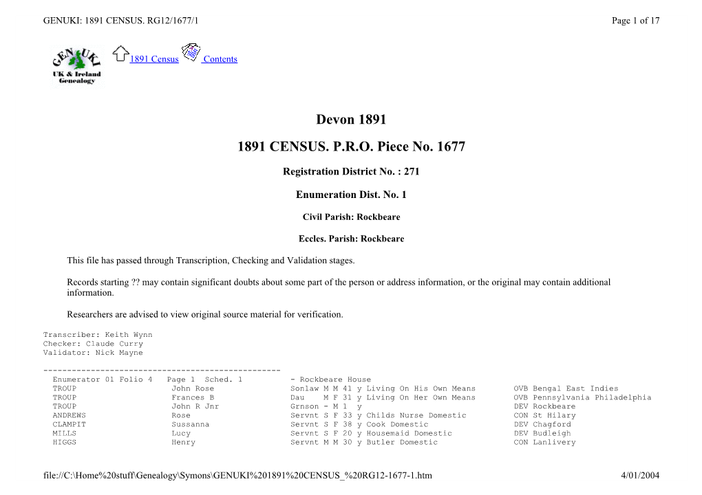 Devon 1891 1891 CENSUS. P.R.O. Piece No. 1677