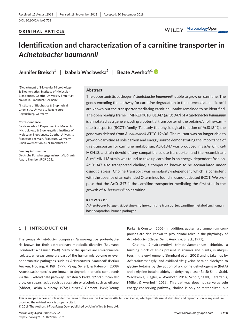 Identification and Characterization of a Carnitine Transporter in Acinetobacter Baumannii