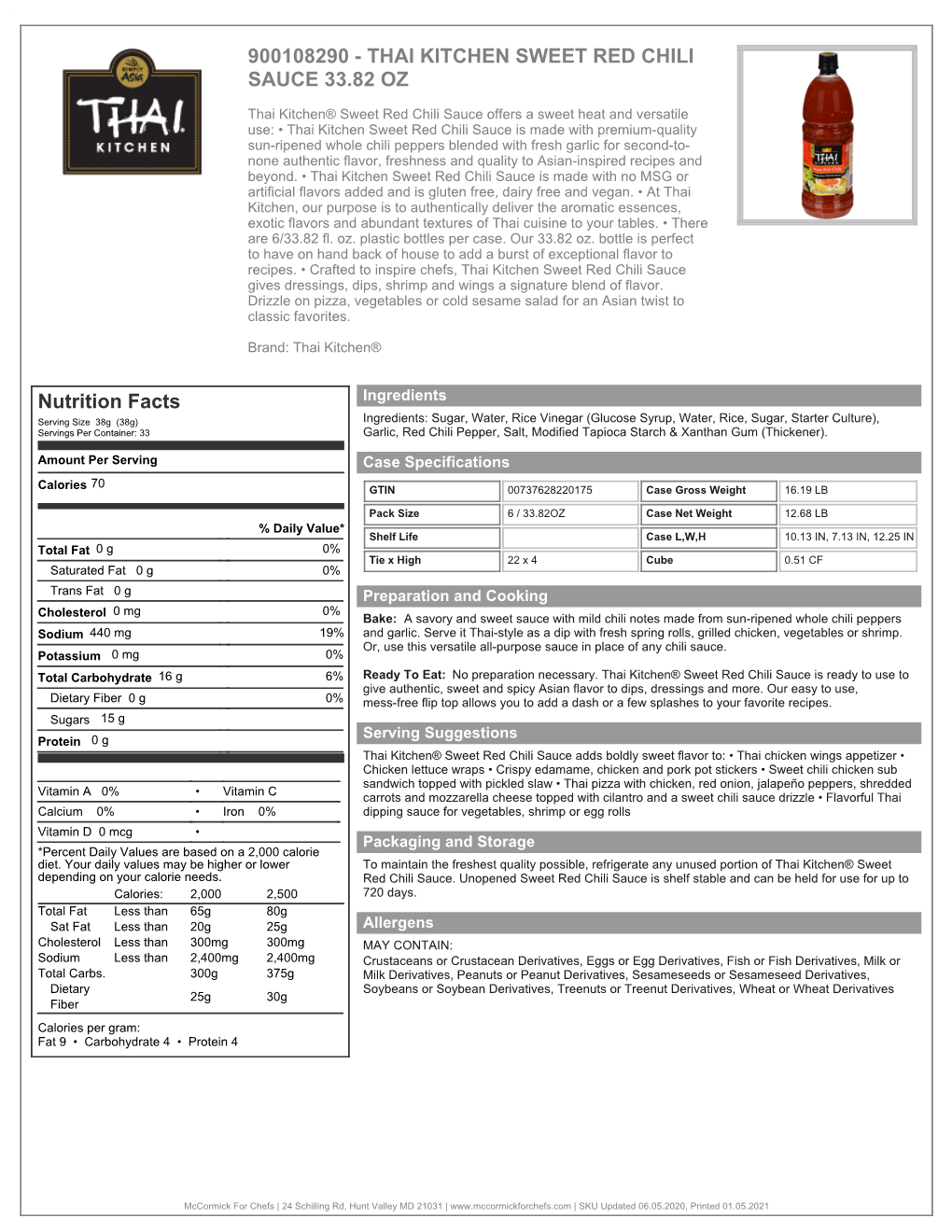 THAI KITCHEN SWEET RED CHILI SAUCE 33.82 OZ Nutrition Facts