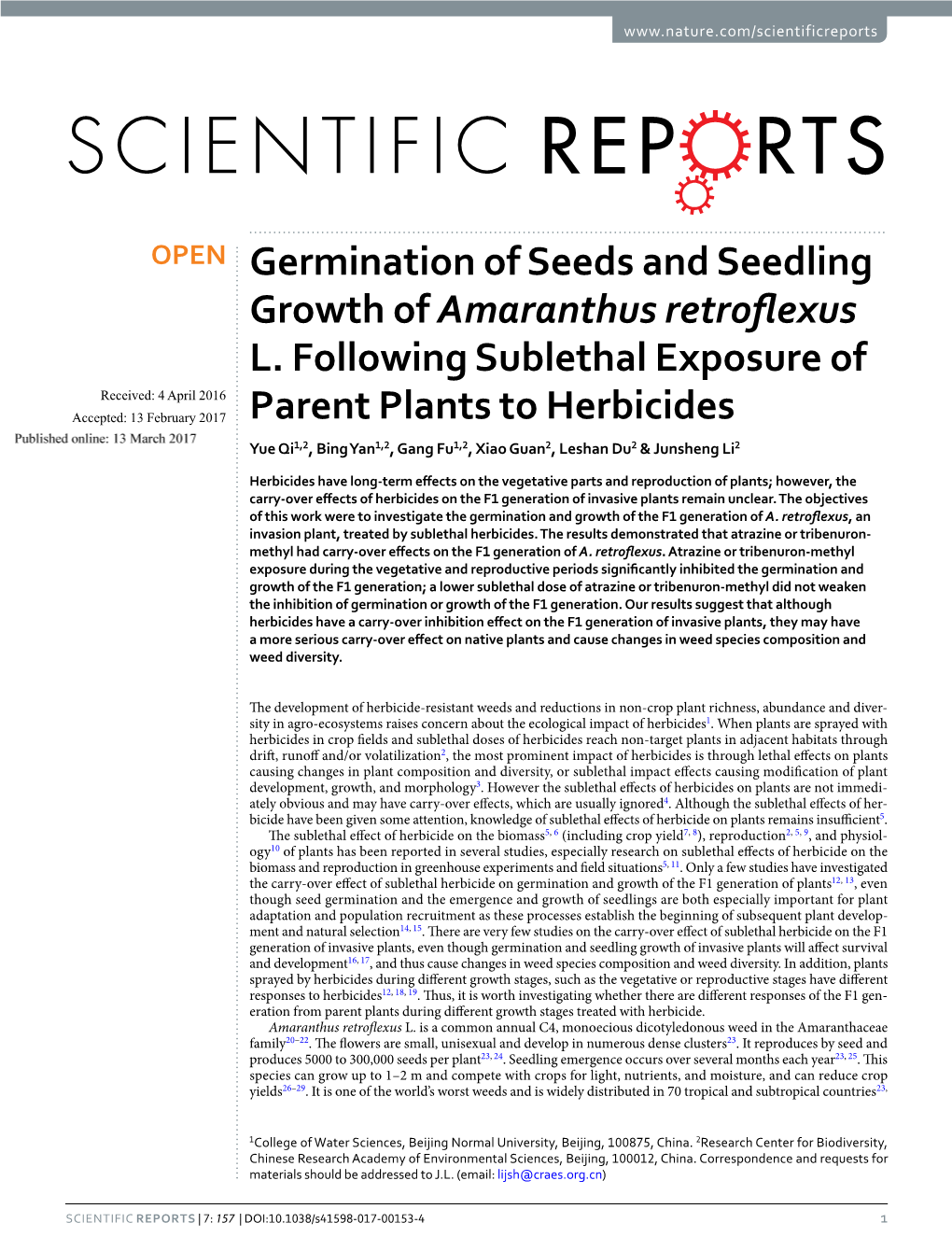 Germination of Seeds and Seedling Growth of Amaranthus Retroflexus L