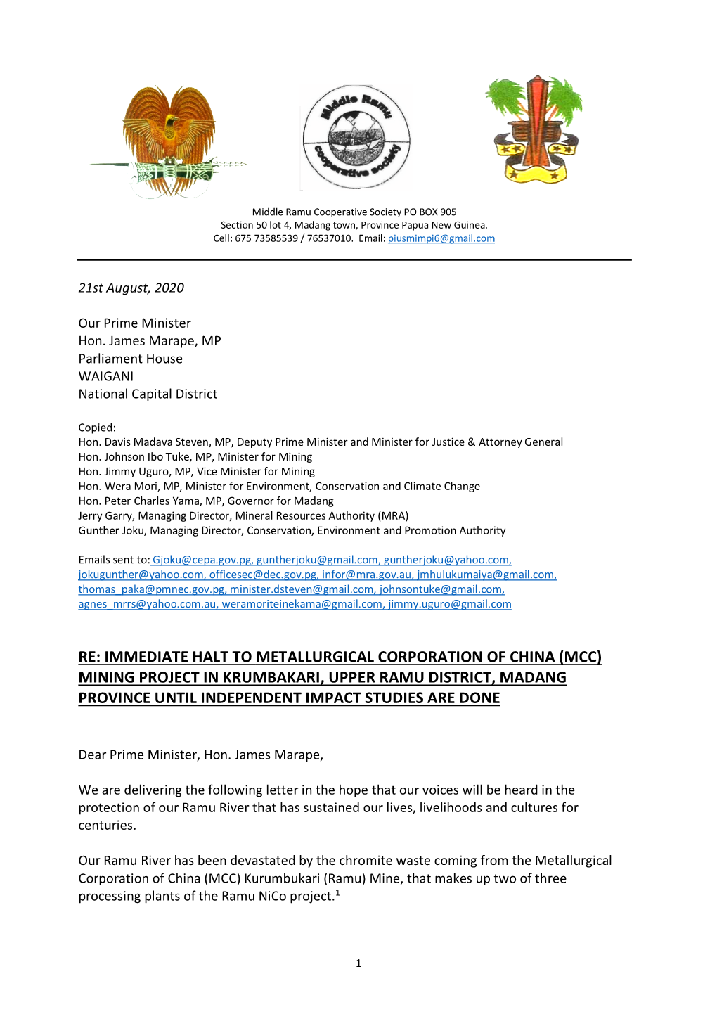 Re: Immediate Halt to Metallurgical Corporation of China (Mcc) Mining Project in Krumbakari, Upper Ramu District, Madang Provinc