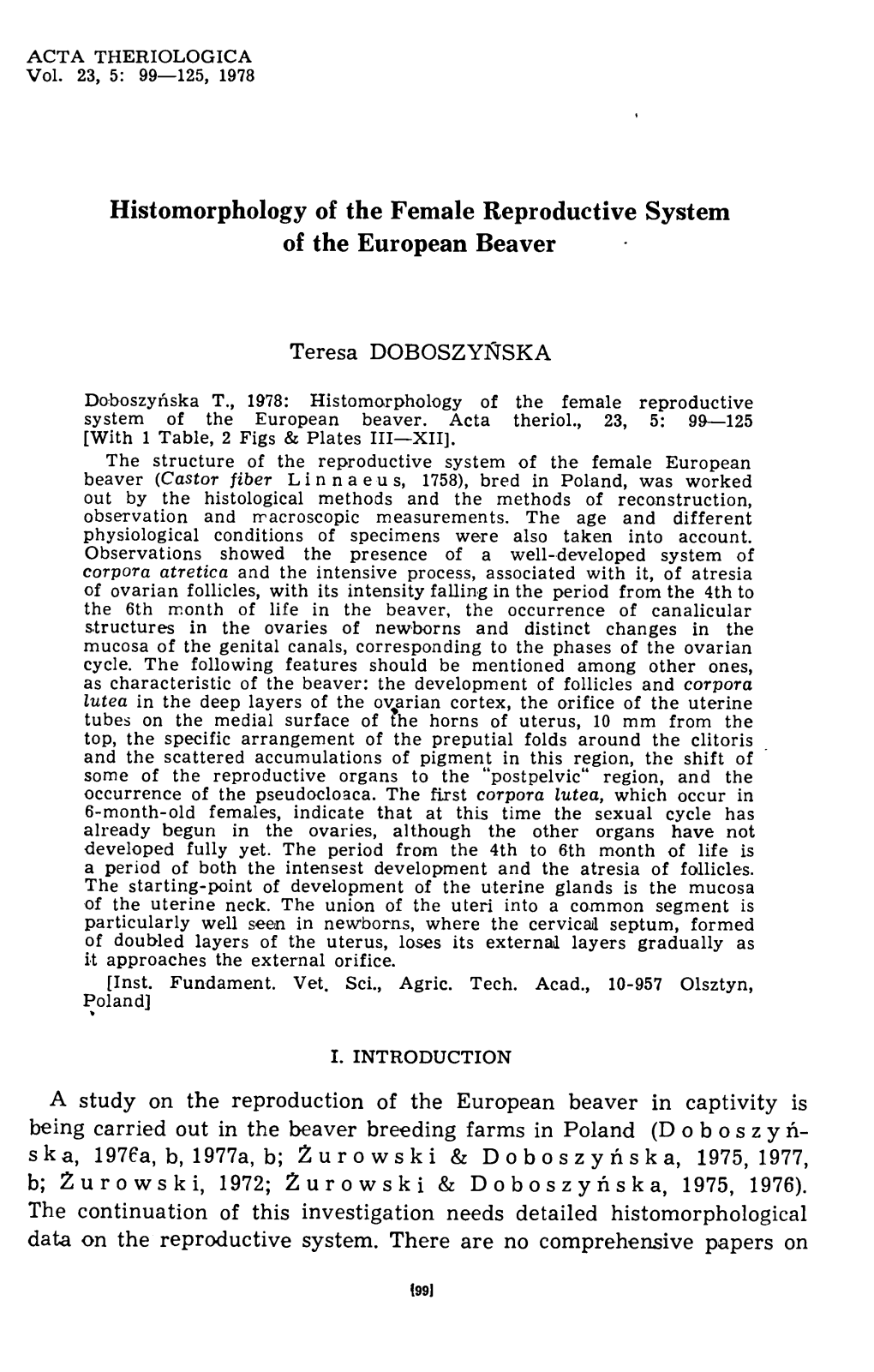 Histomorphology of the Female Reproductive System of the European Beaver