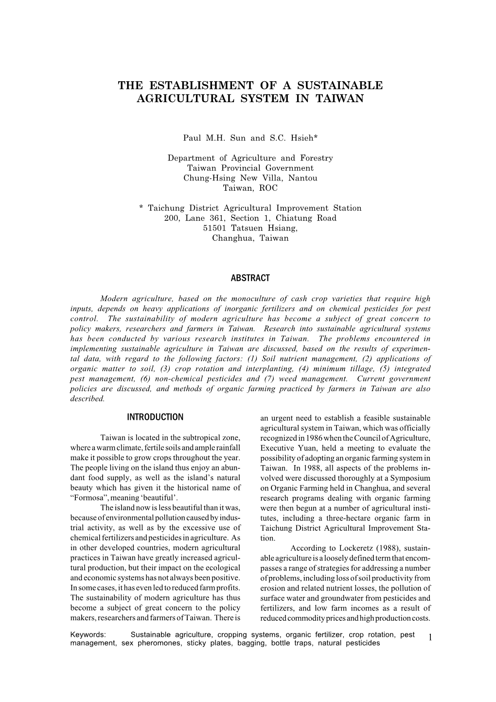 The Establishment of a Sustainable Agricultural System in Taiwan