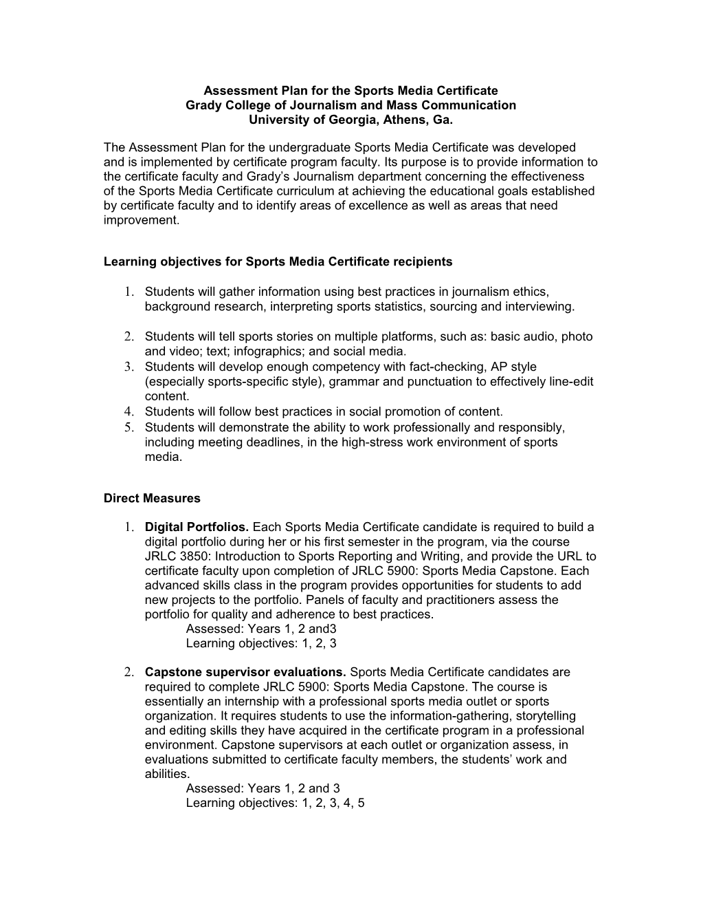 Assessment Plan for the Sports Media Certificate