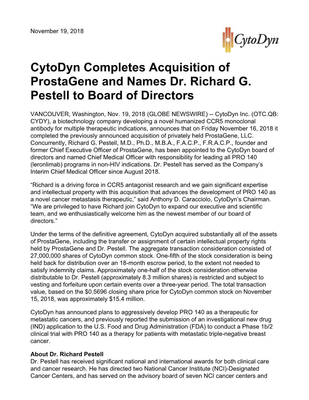 Cytodyn Completes Acquisition of Prostagene and Names Dr