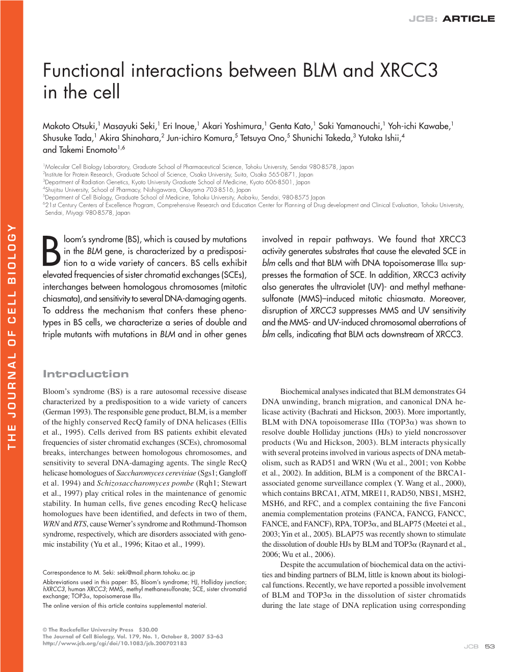 Functional Interactions Between BLM and XRCC3 in the Cell