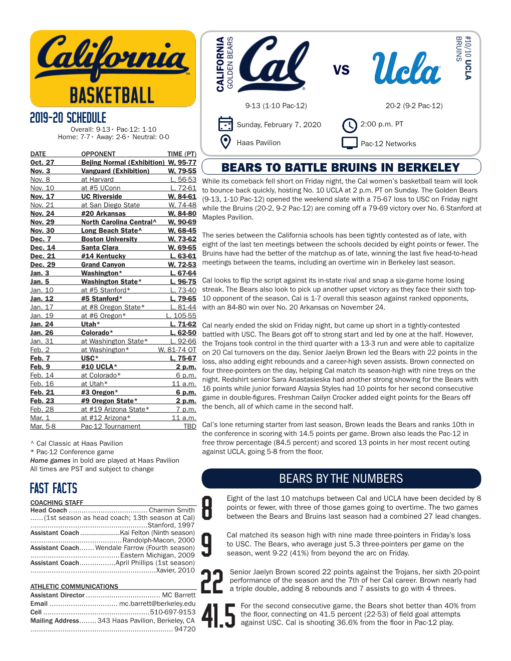 2019-20 Schedule Fast Facts Bears by the Numbers