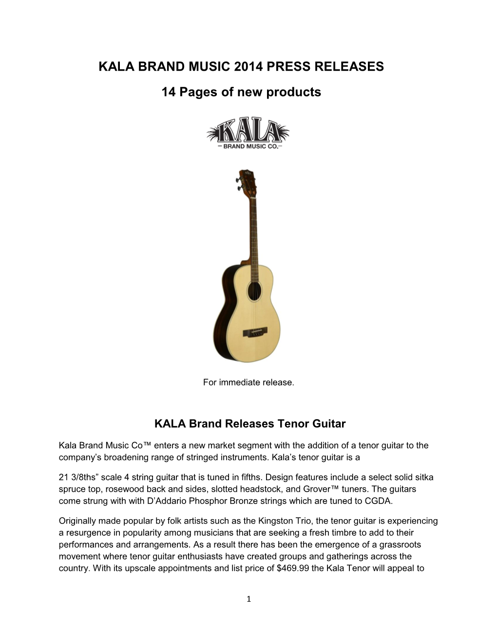 KALA BRAND MUSIC 2014 PRESS RELEASES 14 Pages of New Products