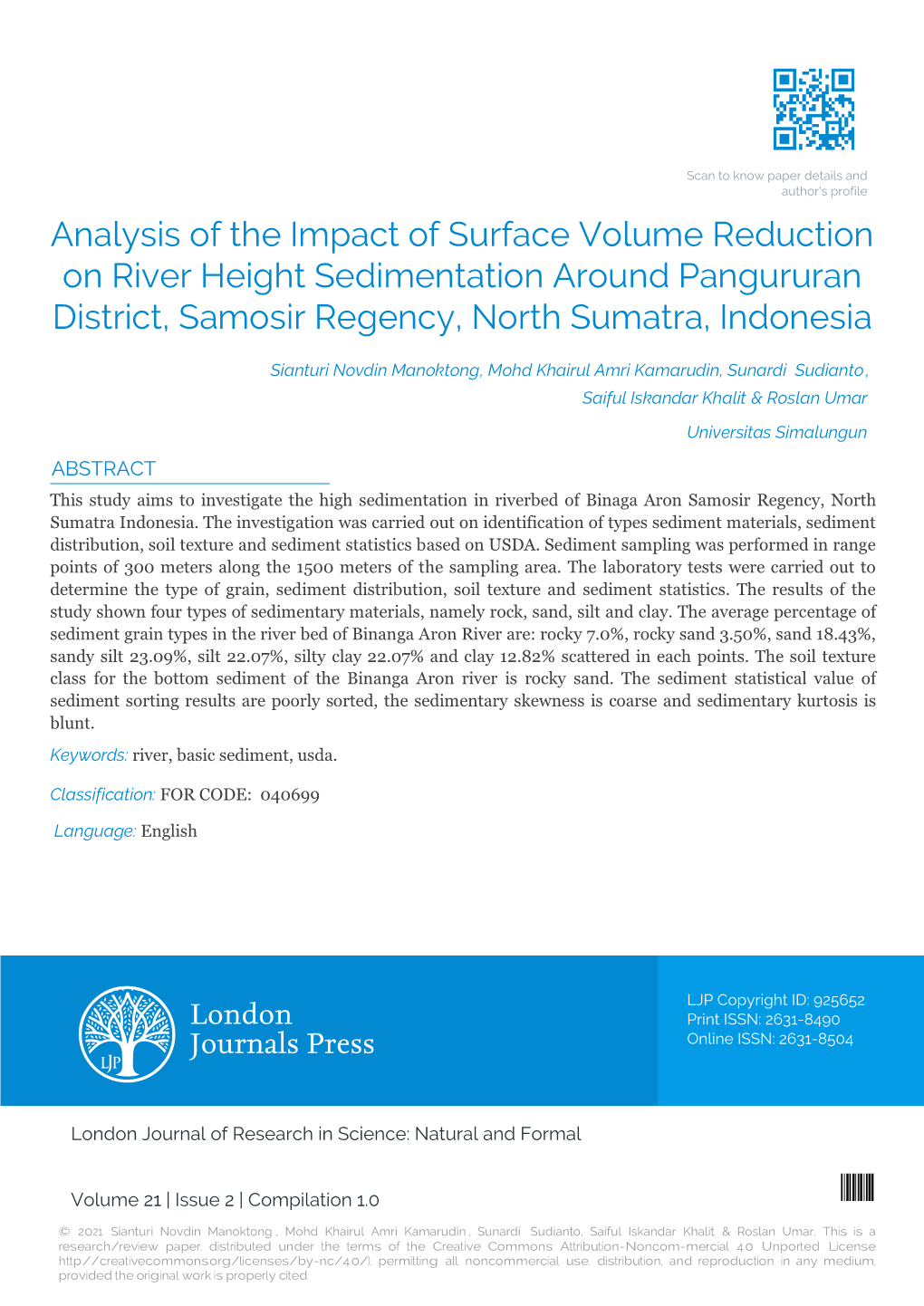 Analysis of the Impact of Surface Volume Reduction on River Height Sedimentation Around Pangururan District, Samosir Regency, North Sumatra, Indonesia