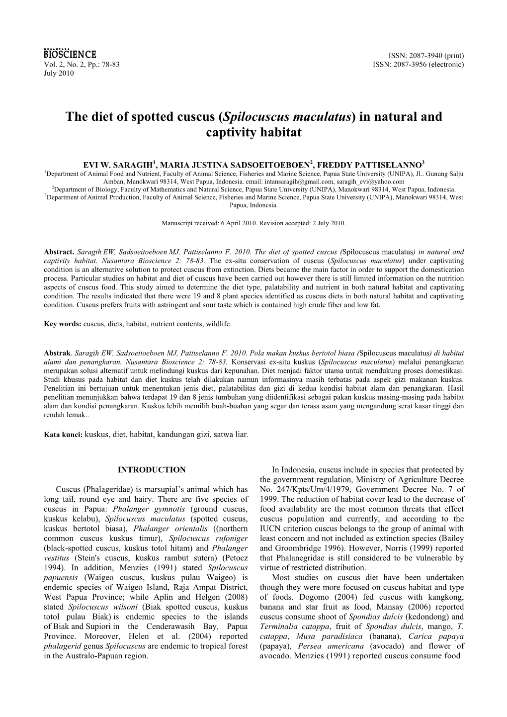 The Diet of Spotted Cuscus (Spilocuscus Maculatus) in Natural and Captivity Habitat