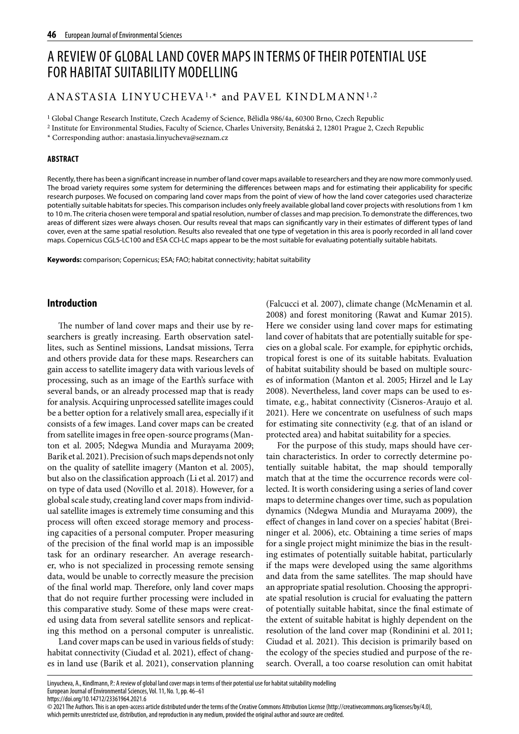 A Review of Global Land Cover Maps in Terms of Their Potential Use for Habitat Suitability Modelling