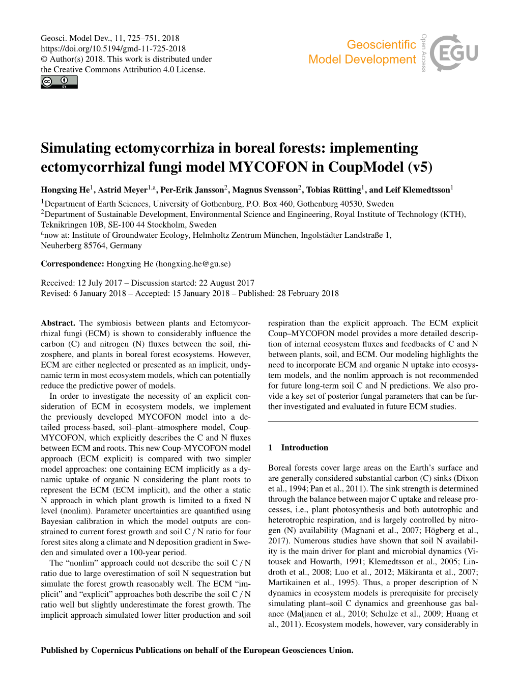Simulating Ectomycorrhiza in Boreal Forests: Implementing Ectomycorrhizal Fungi Model MYCOFON in Coupmodel (V5)