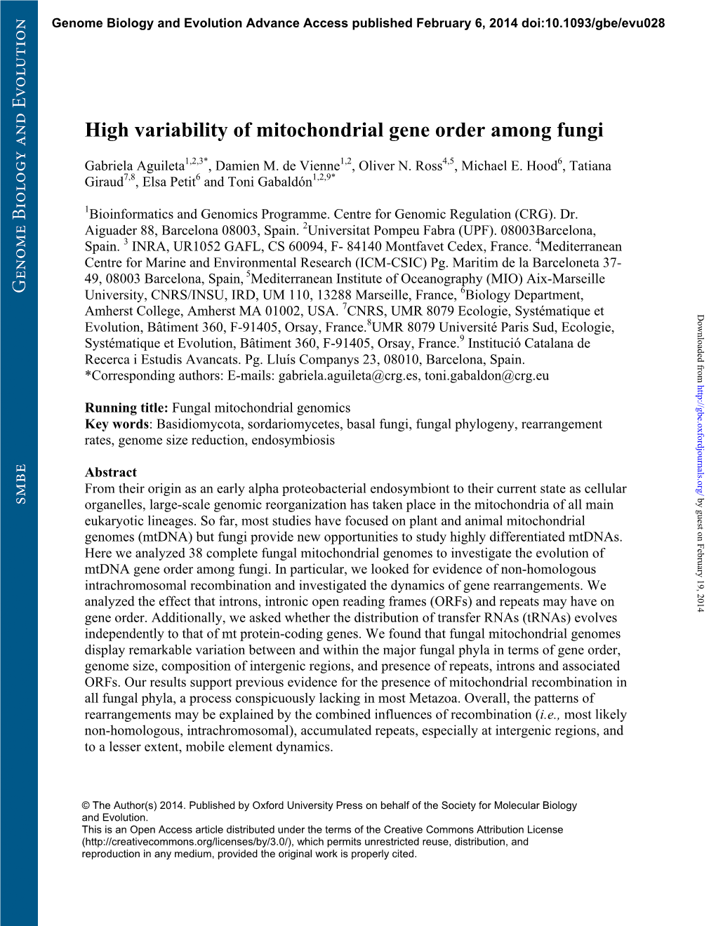 High Variability of Mitochondrial Gene Order Among Fungi