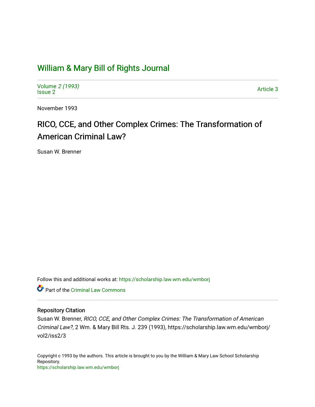RICO, CCE, and Other Complex Crimes: the Transformation of American Criminal Law?