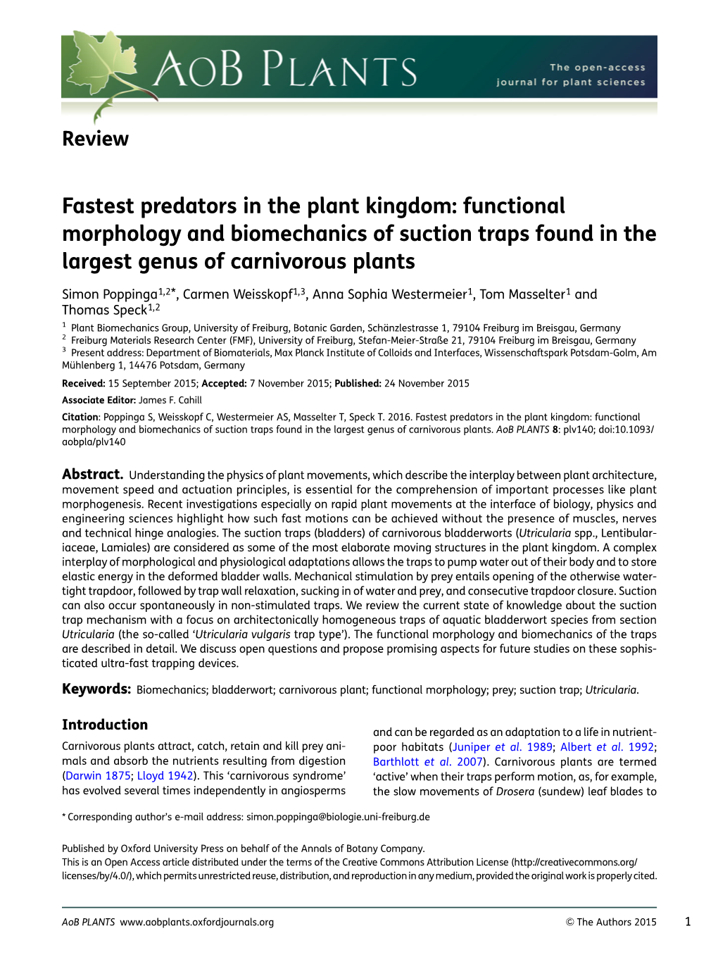 Review Fastest Predators in the Plant Kingdom: Functional Morphology and Biomechanics of Suction Traps Found in the Largest Genus of Carnivorous Plants