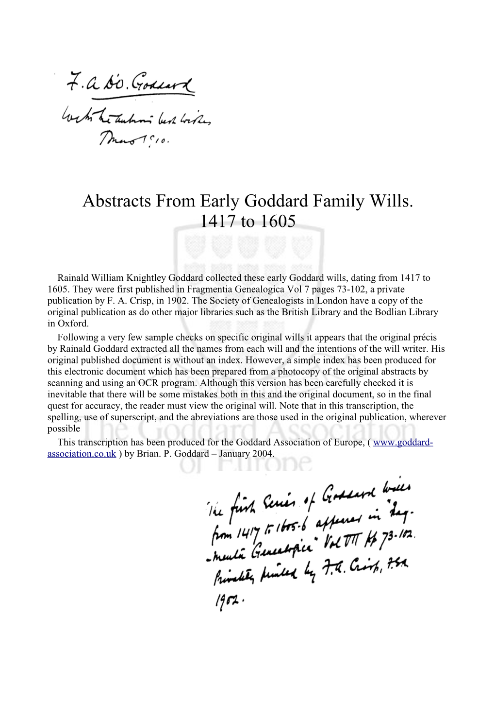 Abstracts from Early Goddard Family Wills. 1417 to 1605