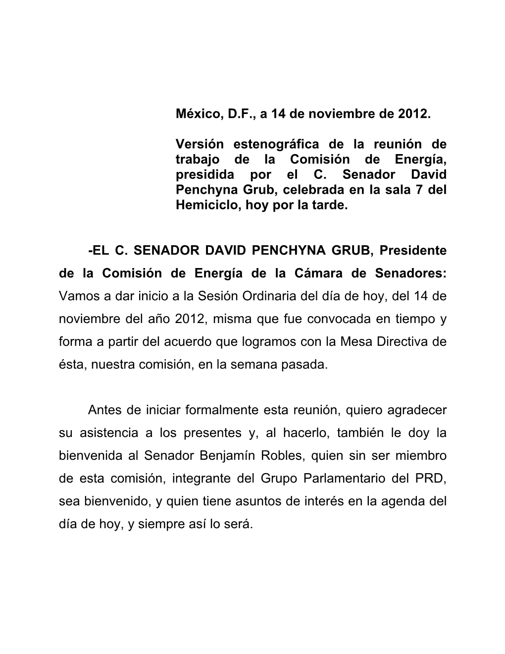 México, D.F., a 14 De Noviembre De 2012. Versión Estenográfica De La