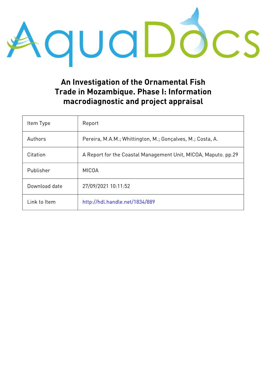 An Investigation of the Ornamental Fish Trade in Mozambique