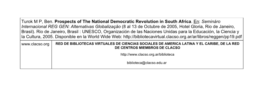 Turok M P, Ben. Prospects of the National Democratic Revolution in South Africa