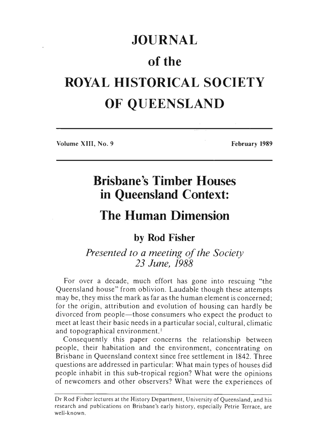 JOURNAL of the ROYAL HISTORICAL SOCIETY of QUEENSLAND