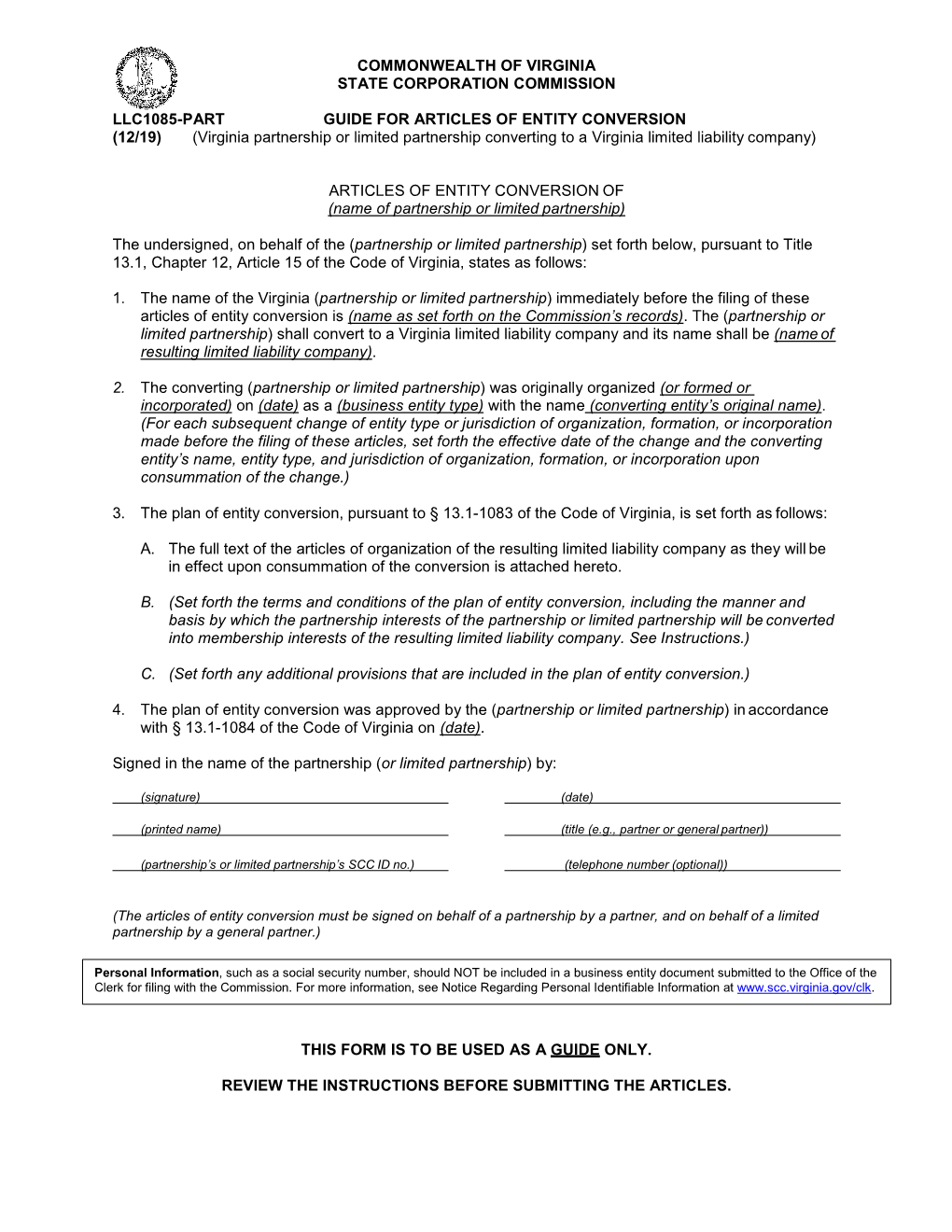 COMMONWEALTH of VIRGINIA STATE CORPORATION COMMISSION LLC1085-PART GUIDE for ARTICLES of ENTITY CONVERSION (12/19) (Virginia