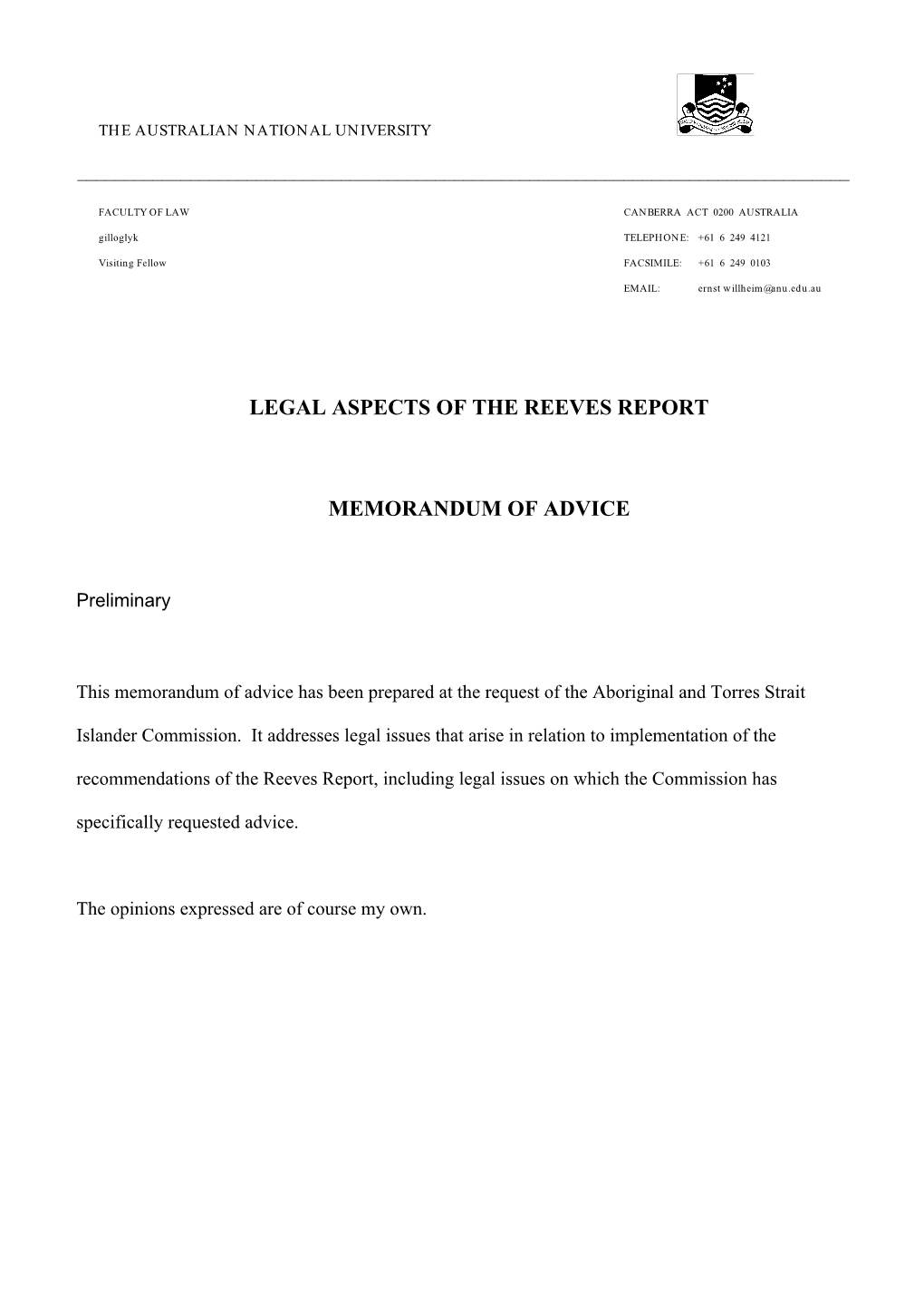 Legal Aspects of the Reeves Report Memorandum Of