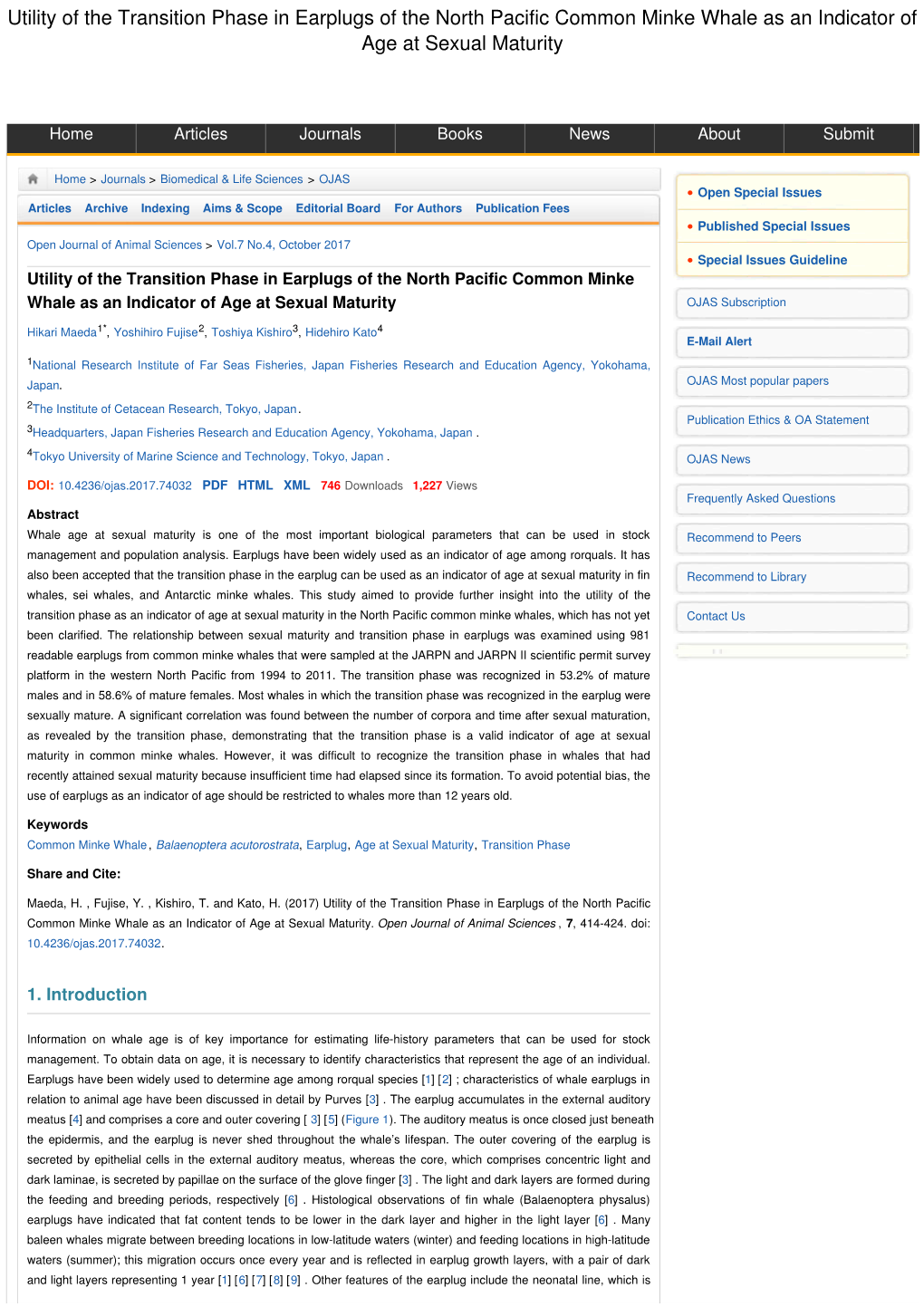 Utility of the Transition Phase in Earplugs of the North Pacific Common Minke Whale As an Indicator of Age at Sexual Maturity