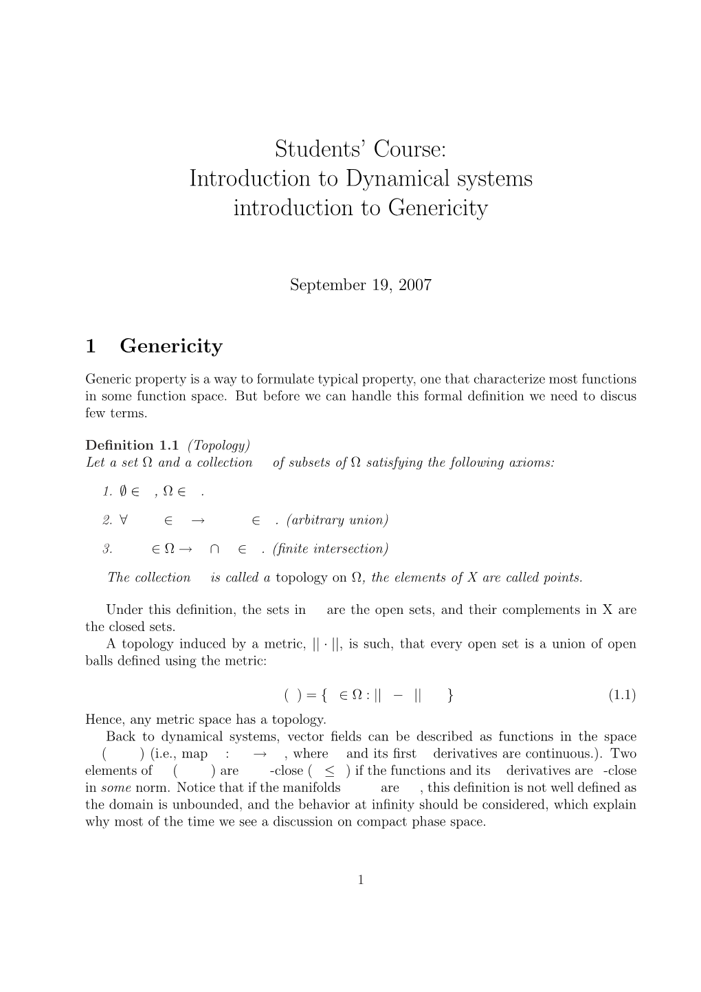 Introduction to Dynamical Systems Introduction to Genericity