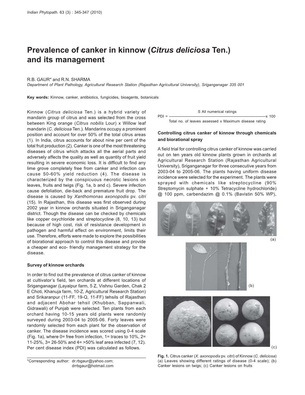 Prevalence of Canker in Kinnow (Citrus Deliciosa Ten.) and Its Management